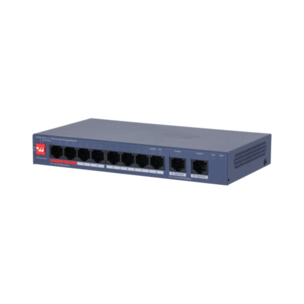 Switch Dahua 8 P 10/100 PoE (max 110W) + 2 P 10/100/1000 Uplink. Layer 2. Administrable x Cloud (web + APP) Metalico. 2 Puertod Hi-POE.