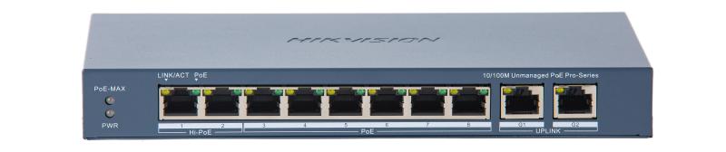 L2, Unmanaged, 8 10/100M RJ45 PoE ports, 2 Gigabit RJ45 uplink ports, 802.3af/at/bt, port 1 support Hi-PoE 90w, PoE power budget 110W, max. 300m long L2, Unmanaged, 8 10/100M RJ45 PoE ports, 2 Gigabit RJ45 uplink ports, 802.3af/at/bt, port 1 support Hi-PoE 90w, PoE power budget 110W, max. 300m long